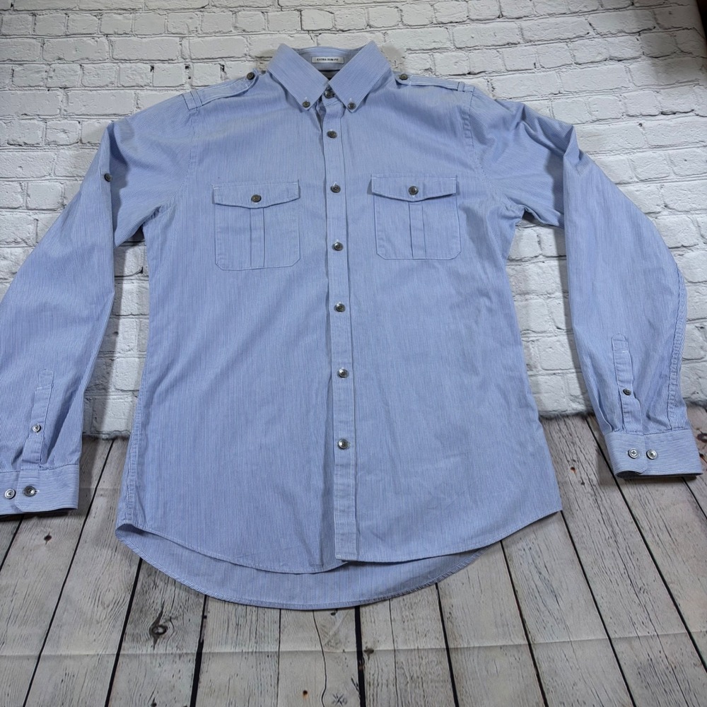 Express Extra Slim Fit Mens M Blue White Striped Military Epaulet Shirt 0368